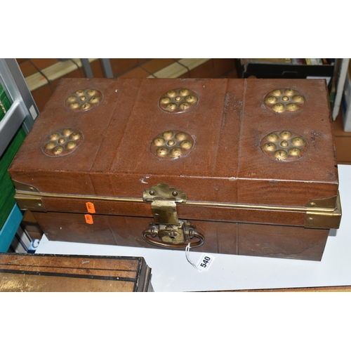 540 - FIVE METAL BOXES, to include a small trunk, height 19.5cm x width 50.5cm x depth 26.5cm, a metal saf... 