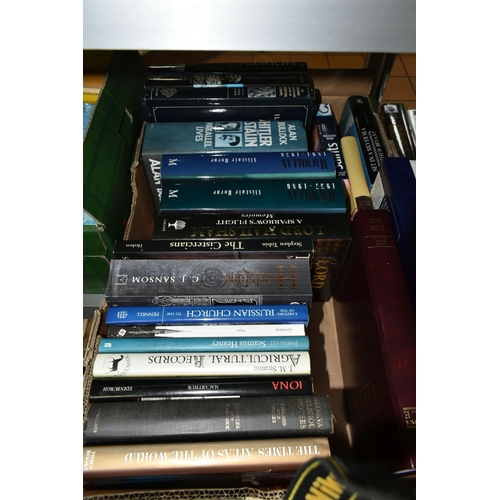 544 - FOUR BOXES OF BOOKS, over ninety titles in hardback and paperback formats, to include history, histo... 