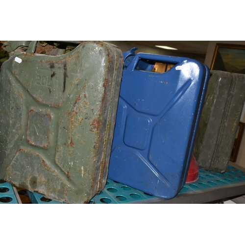 547 - THREE 20 LITRE METAL JERRY CANS, one stamped with crows foot arrow and dated 1987, one in poor exter... 