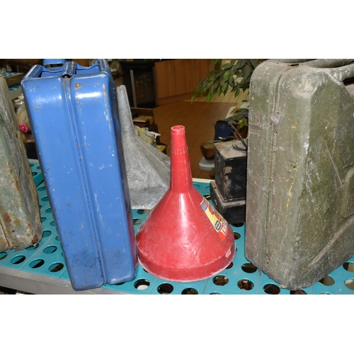 547 - THREE 20 LITRE METAL JERRY CANS, one stamped with crows foot arrow and dated 1987, one in poor exter... 