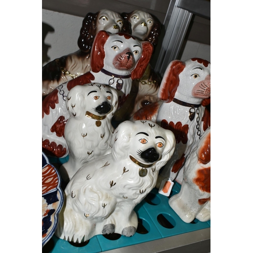 548 - A COLLECTION OF STAFFORDSHIRE/STAFFORDSHIRE STYLE SPANIELS, comprising a pair of Kent Staffordshire ... 