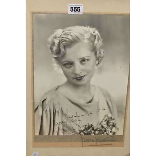 555 - FRAMED ENTERTAINMENT MEMORABILIA, comprising a signed photograph of Evelyn Laye dated 1938, approxim... 