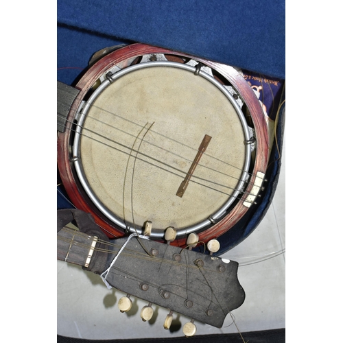 557 - A MANDOLIN AND BANJULELE BANJO, comprising mandolin with inlaid details and homemade shoulder strap ... 