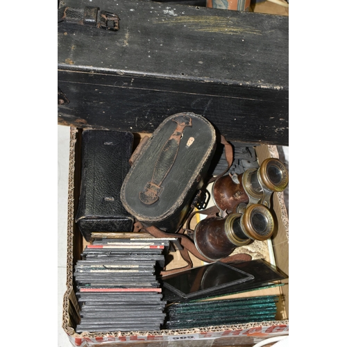 565 - A BOX OF LANTERN SLIDES AND BINOCULARS ETC, to include black & white photographic lantern slides dep... 