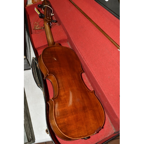 566 - TWO FULL SIZED VIOLINS IN NEED OF SOME ATTENTION, comprising a violin with a two piece back,  approx... 