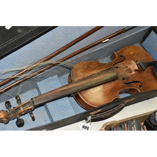 566 - TWO FULL SIZED VIOLINS IN NEED OF SOME ATTENTION, comprising a violin with a two piece back,  approx... 