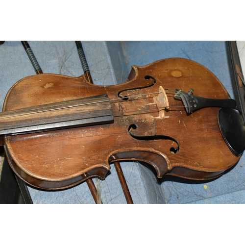 566 - TWO FULL SIZED VIOLINS IN NEED OF SOME ATTENTION, comprising a violin with a two piece back,  approx... 