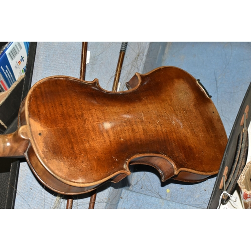 566 - TWO FULL SIZED VIOLINS IN NEED OF SOME ATTENTION, comprising a violin with a two piece back,  approx... 