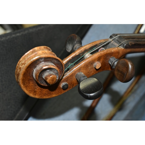 566 - TWO FULL SIZED VIOLINS IN NEED OF SOME ATTENTION, comprising a violin with a two piece back,  approx... 