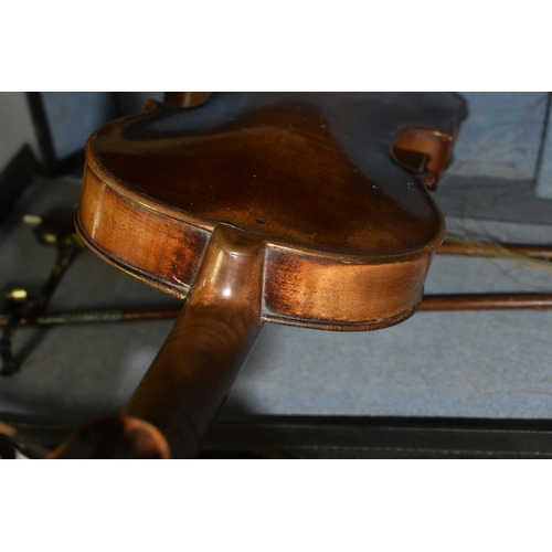 566 - TWO FULL SIZED VIOLINS IN NEED OF SOME ATTENTION, comprising a violin with a two piece back,  approx... 