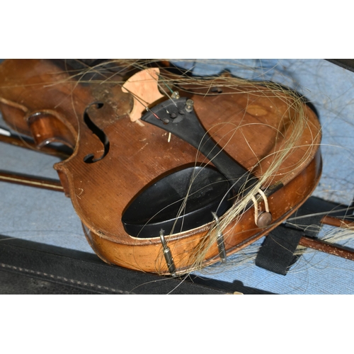 566 - TWO FULL SIZED VIOLINS IN NEED OF SOME ATTENTION, comprising a violin with a two piece back,  approx... 