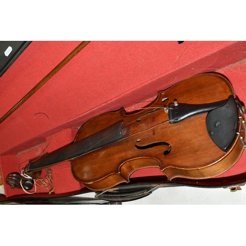 566 - TWO FULL SIZED VIOLINS IN NEED OF SOME ATTENTION, comprising a violin with a two piece back,  approx... 