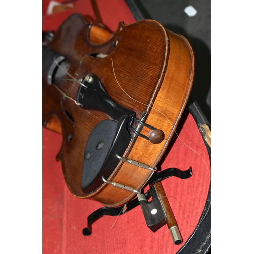 566 - TWO FULL SIZED VIOLINS IN NEED OF SOME ATTENTION, comprising a violin with a two piece back,  approx... 