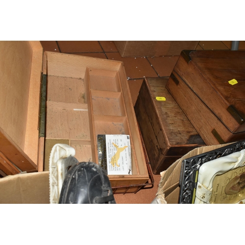 570 - TWO BOXES AND LOOSE SUNDRY ITEMS ETC, to include an oak framed fire screen, two distressed wooden bo... 