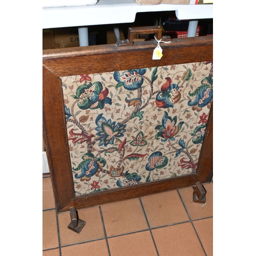 570 - TWO BOXES AND LOOSE SUNDRY ITEMS ETC, to include an oak framed fire screen, two distressed wooden bo... 