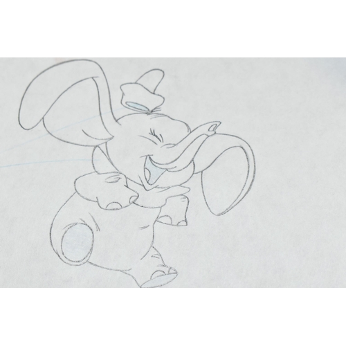 572 - A PENCIL DRAWING OF DISNEY'S DUMBO THE ELEPHANT, the sketch has blue shadow areas with text indicati... 