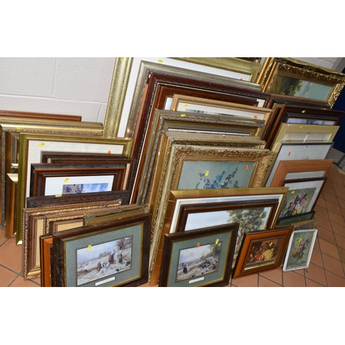 579 - A QUANTITY OF FRAMED DECORATIVE PRINTS, to include two Miles Birket Foster landscapes with children,... 