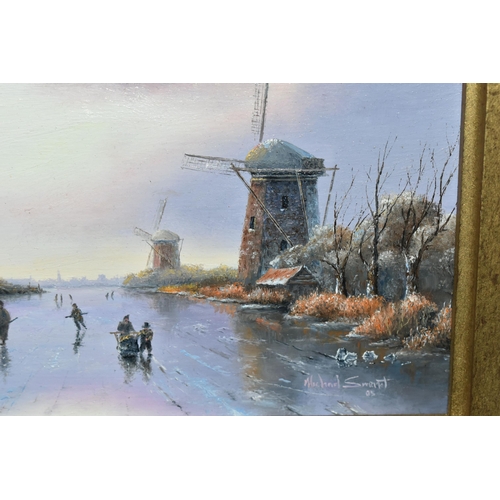 584 - MICHAEL SMART (BRITISH CONTEMPORARY) TWO NOSTALGIC DUTCH WINTER LANDSCAPES, comprising 'Windmills' d... 