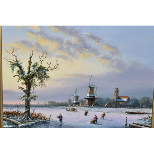 584 - MICHAEL SMART (BRITISH CONTEMPORARY) TWO NOSTALGIC DUTCH WINTER LANDSCAPES, comprising 'Windmills' d... 