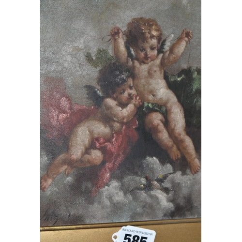 585 - SIMKINS (19TH / 20TH CENTURY) CHERUBS OVER CLOUDS, two cherubs with red and green silk fabric hover ... 