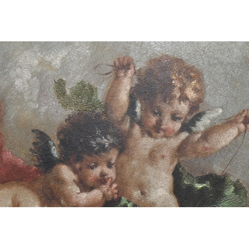 585 - SIMKINS (19TH / 20TH CENTURY) CHERUBS OVER CLOUDS, two cherubs with red and green silk fabric hover ... 