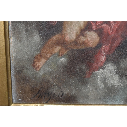 585 - SIMKINS (19TH / 20TH CENTURY) CHERUBS OVER CLOUDS, two cherubs with red and green silk fabric hover ... 