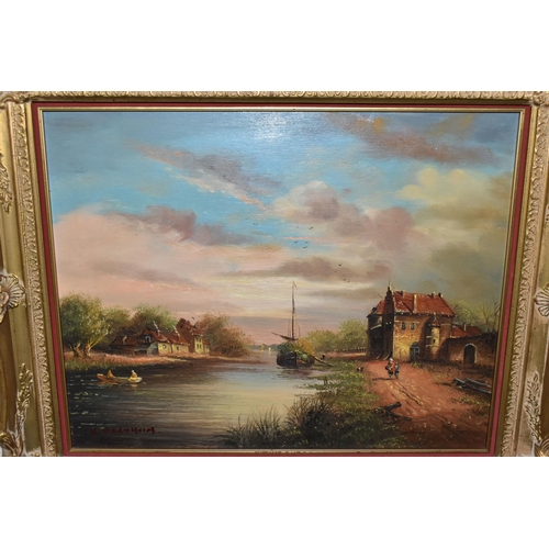 586 - TWO 20TH CENTURY NOSTALGIC CONTINENTAL RIVER LANDSCAPES, comprising R. Dornheim depicting boats in t... 