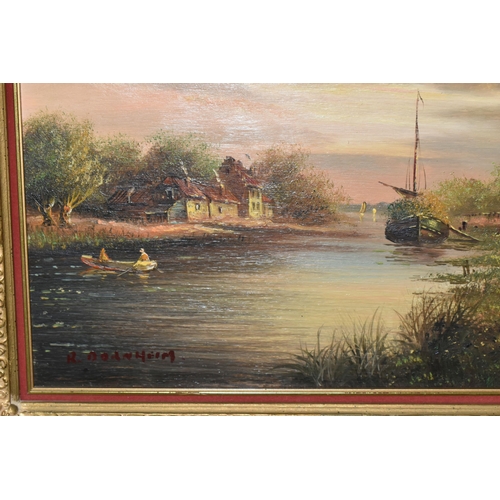 586 - TWO 20TH CENTURY NOSTALGIC CONTINENTAL RIVER LANDSCAPES, comprising R. Dornheim depicting boats in t... 