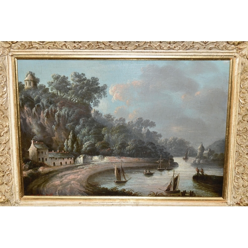 586 - TWO 20TH CENTURY NOSTALGIC CONTINENTAL RIVER LANDSCAPES, comprising R. Dornheim depicting boats in t... 