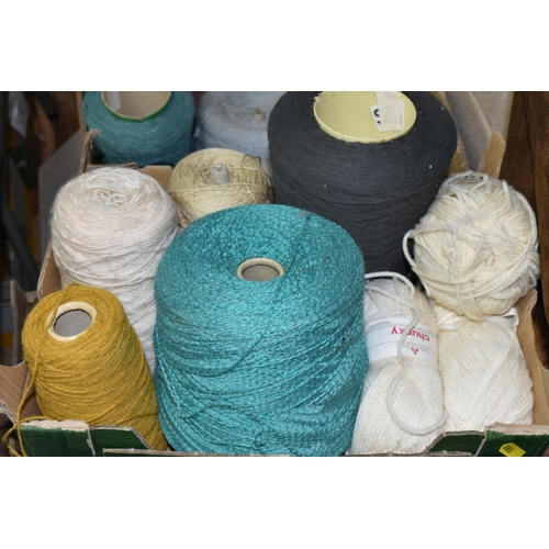 590 - THREE BOXES OF ASSORTED COLOUR SPOOLS OF WOOL, suitable for knitting machines, to include maker's 'P... 