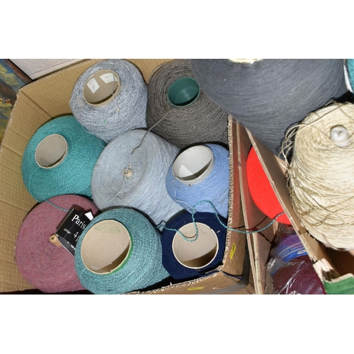 590 - THREE BOXES OF ASSORTED COLOUR SPOOLS OF WOOL, suitable for knitting machines, to include maker's 'P... 