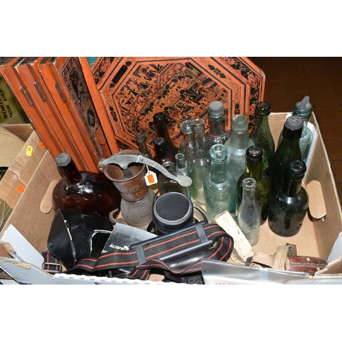 591 - TWO BOXES OF GLASS BOTTLES AND SUNDRY ITEMS ETC, bottles include Crown Drinks Co of Bridgwater, T. H... 