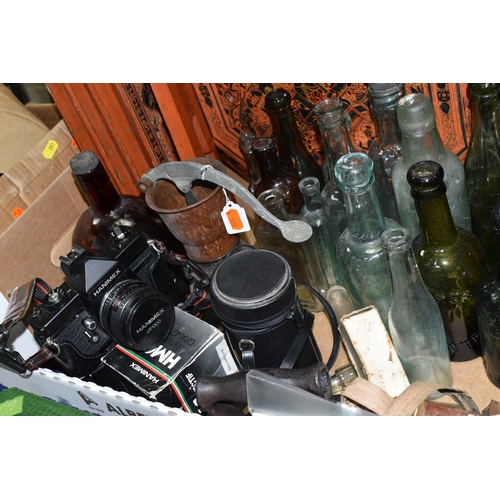 591 - TWO BOXES OF GLASS BOTTLES AND SUNDRY ITEMS ETC, bottles include Crown Drinks Co of Bridgwater, T. H... 