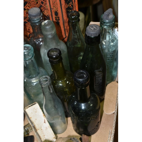 591 - TWO BOXES OF GLASS BOTTLES AND SUNDRY ITEMS ETC, bottles include Crown Drinks Co of Bridgwater, T. H... 