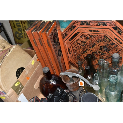 591 - TWO BOXES OF GLASS BOTTLES AND SUNDRY ITEMS ETC, bottles include Crown Drinks Co of Bridgwater, T. H... 