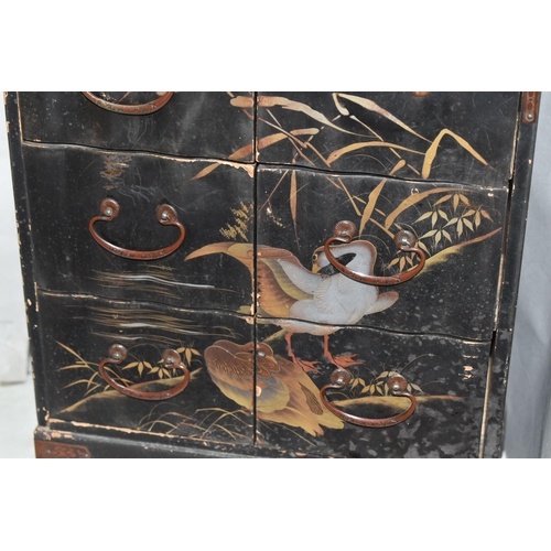 592 - A JAPANESE PAINTED LACQUER CABINET, approximate dimensions height 39cm, width 23cm, depth 11cm, toge... 