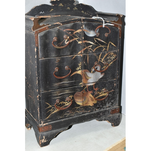 592 - A JAPANESE PAINTED LACQUER CABINET, approximate dimensions height 39cm, width 23cm, depth 11cm, toge... 