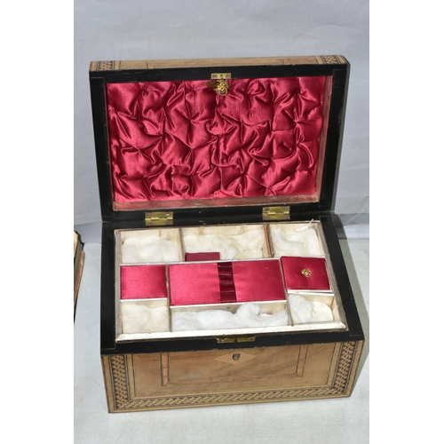 593 - A VICTORIAN TUNBRIDGE WARE SEWING BOX, having red silk interior, complete with key, approximate dime... 