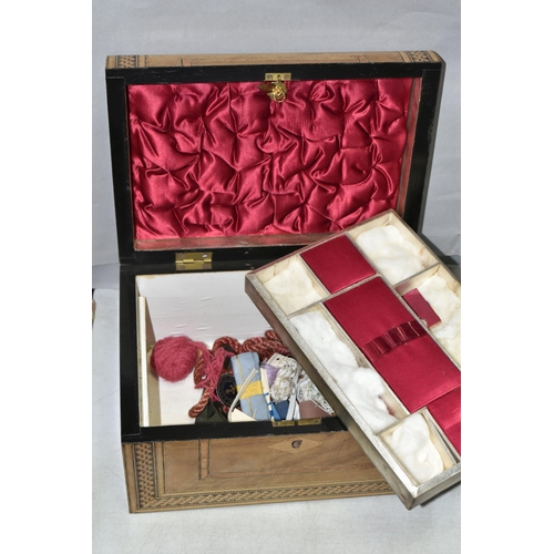 593 - A VICTORIAN TUNBRIDGE WARE SEWING BOX, having red silk interior, complete with key, approximate dime... 