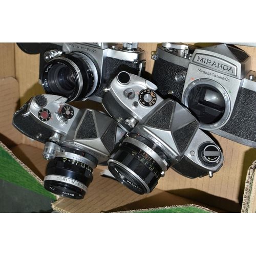 594 - A BOX OF TWELVE MIRANDA 35MM SLR CAMERA BODIES, together with eleven Miranda standard focal length l... 