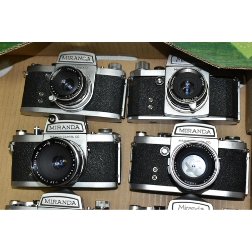 594 - A BOX OF TWELVE MIRANDA 35MM SLR CAMERA BODIES, together with eleven Miranda standard focal length l... 