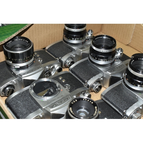 594 - A BOX OF TWELVE MIRANDA 35MM SLR CAMERA BODIES, together with eleven Miranda standard focal length l... 