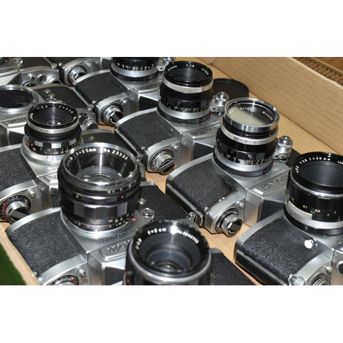 594 - A BOX OF TWELVE MIRANDA 35MM SLR CAMERA BODIES, together with eleven Miranda standard focal length l... 