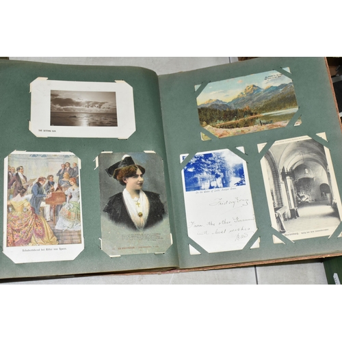 595 - TWO ALBUMS OF POSTCARDS containing approximately 404 miscellaneous examples from the early 20th cent... 