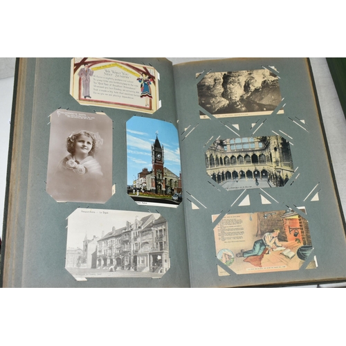 599 - TWO ALBUMS OF POSTCARDS containing approximately 407 miscellaneous examples (including large cards a... 