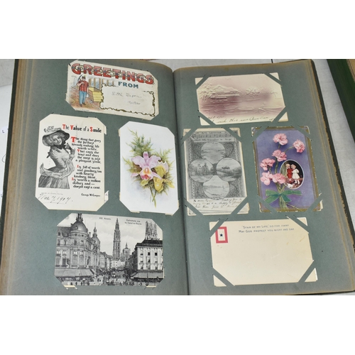 599 - TWO ALBUMS OF POSTCARDS containing approximately 407 miscellaneous examples (including large cards a... 