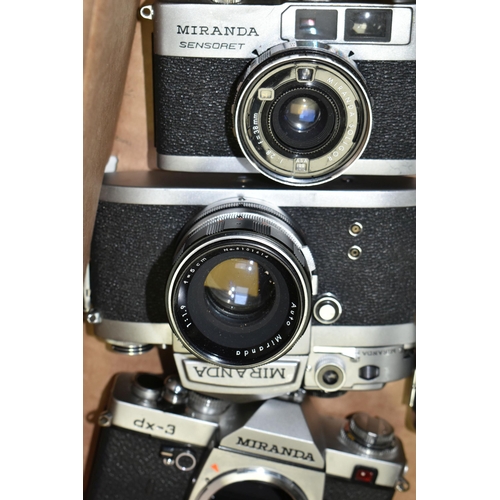 601 - SEVEN VINTAGE MIRANDA CAMERAS AND LENSES, comprising a ST body fitted with a 5cm f2.8 lens, an FV-T ... 