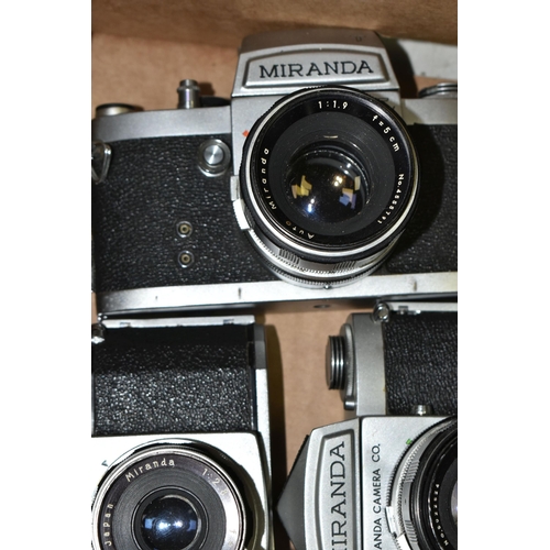 601 - SEVEN VINTAGE MIRANDA CAMERAS AND LENSES, comprising a ST body fitted with a 5cm f2.8 lens, an FV-T ... 