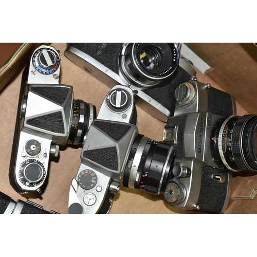 601 - SEVEN VINTAGE MIRANDA CAMERAS AND LENSES, comprising a ST body fitted with a 5cm f2.8 lens, an FV-T ... 