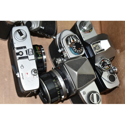 601 - SEVEN VINTAGE MIRANDA CAMERAS AND LENSES, comprising a ST body fitted with a 5cm f2.8 lens, an FV-T ... 